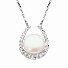 18ct White Gold Pearl Diamond Horseshoe Necklace D