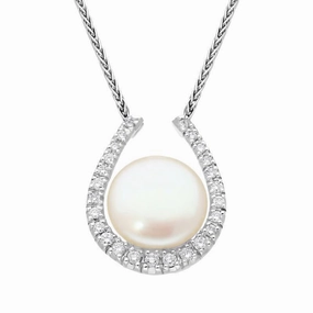 18ct White Gold Pearl Diamond Horseshoe Necklace D