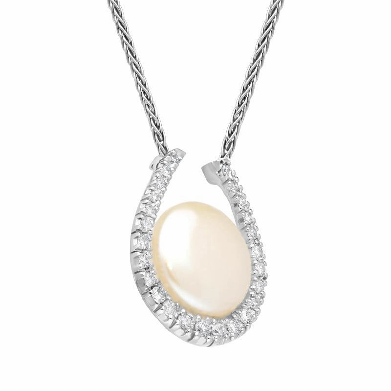 18ct White Gold Pearl Diamond Horseshoe Necklace D