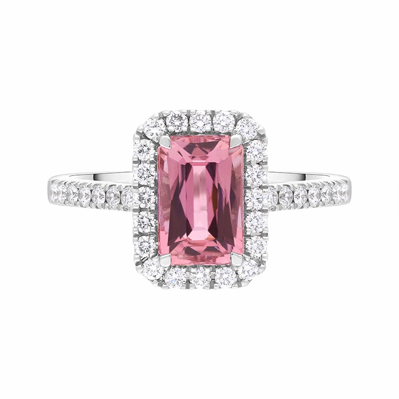 18ct White Gold Pink Tourmaline Diamond Shoulder Set Cluster Ring