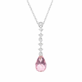 18ct White Gold Rose Quartz Seven Diamond Drop Necklace D