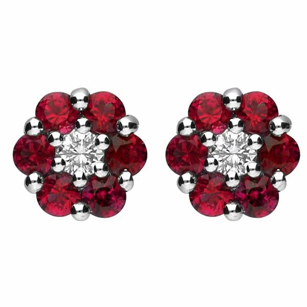 18ct White Gold Ruby and Diamond Cluster Stud Earrings
