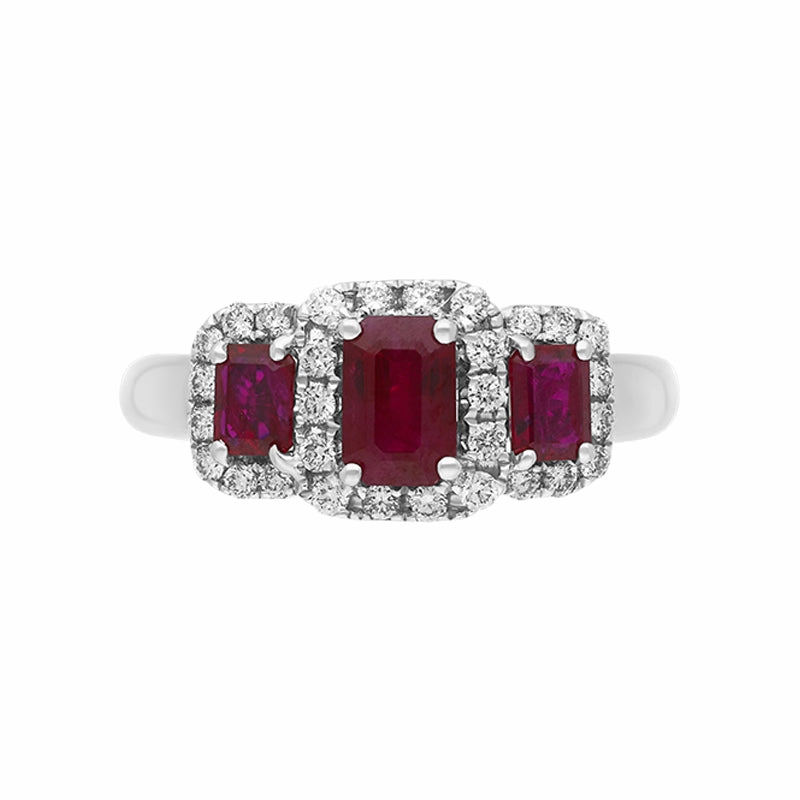 18ct White Gold Ruby Diamond Claw Set Triple Cluster Ring