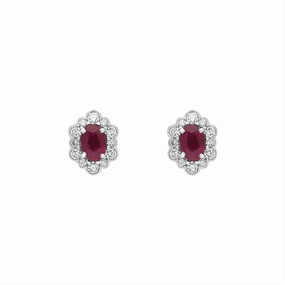 18ct White Gold Ruby Diamond Cluster Oval Stud Earrings
