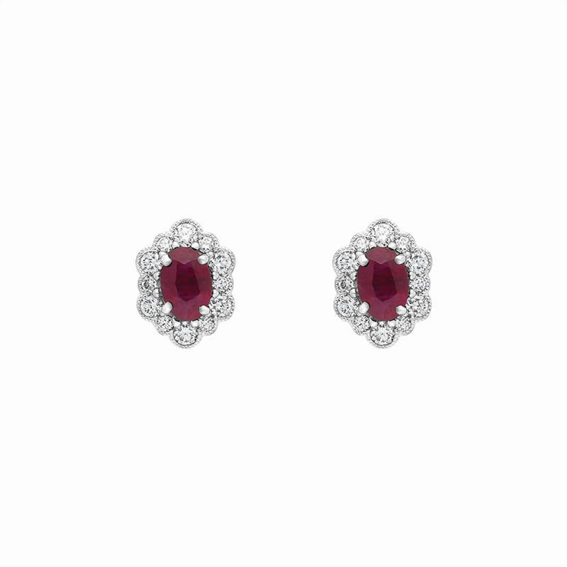 18ct White Gold Ruby Diamond Cluster Oval Stud Earrings