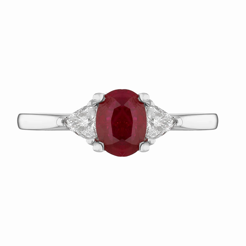 18ct White Gold Ruby Diamond Oval and Pear Cut Three Stone Ring