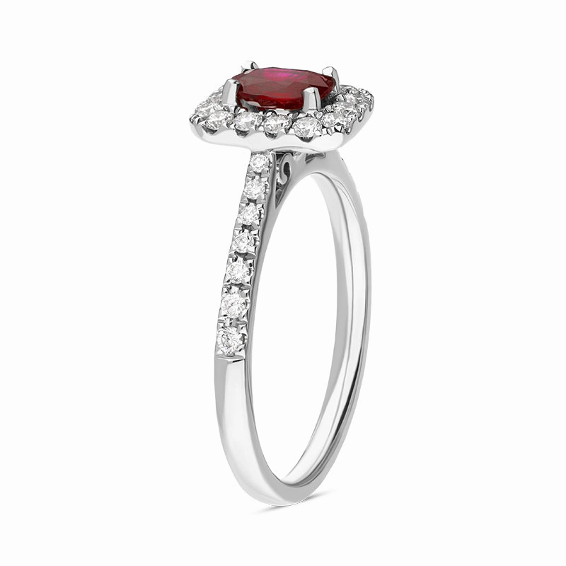 18ct White Gold Ruby Diamond Oval Cut Vintage Style Cluster Ring