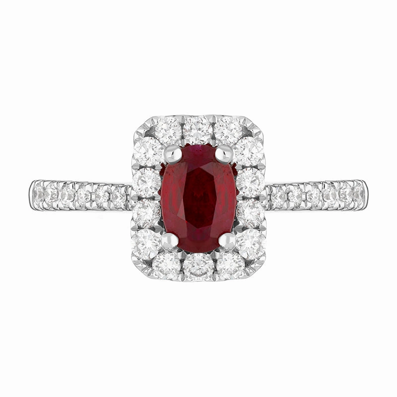 18ct White Gold Ruby Diamond Oval Cut Vintage Style Cluster Ring