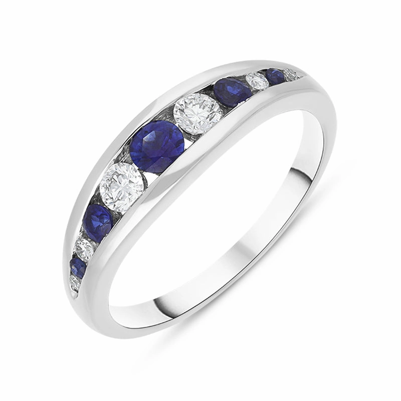 18ct White Gold Sapphire Diamond Eleven Stone Graduating Half Eternity Ring