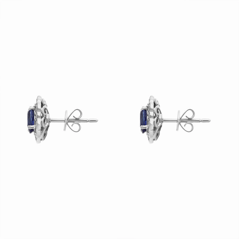 18ct White Gold Sapphire Diamond Oval Cluster Stud Earrings