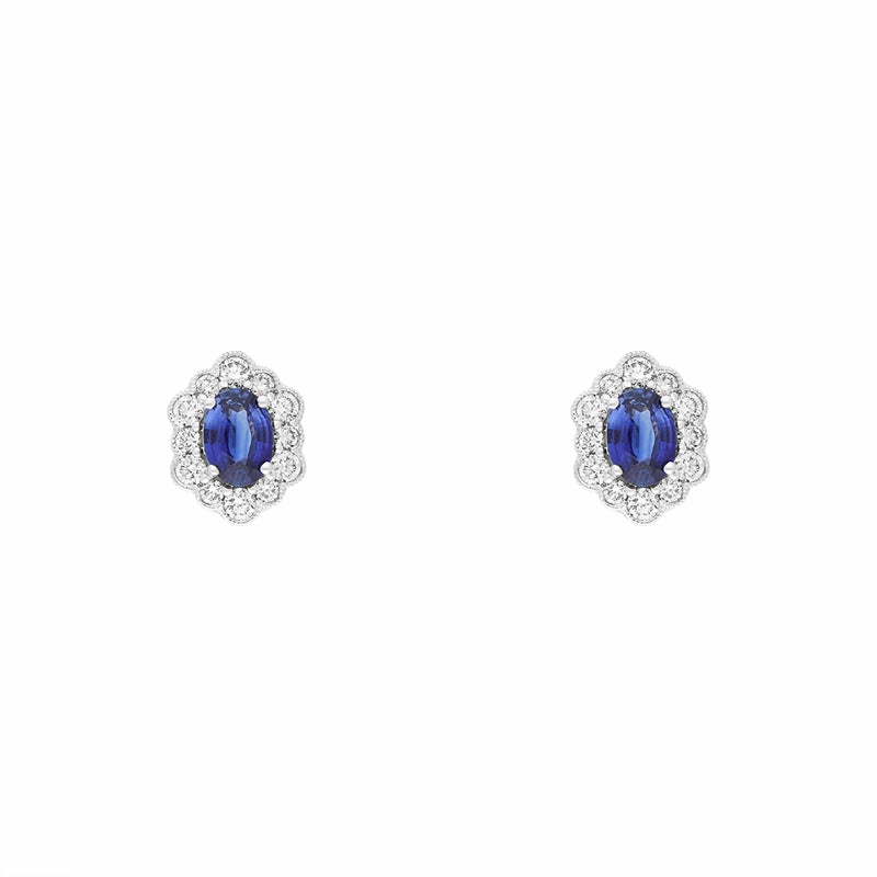 18ct White Gold Sapphire Diamond Oval Cluster Stud Earrings