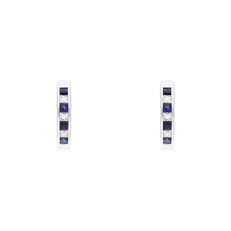 18ct White Gold Sapphire Diamond Princess Cut Hoop Earrings