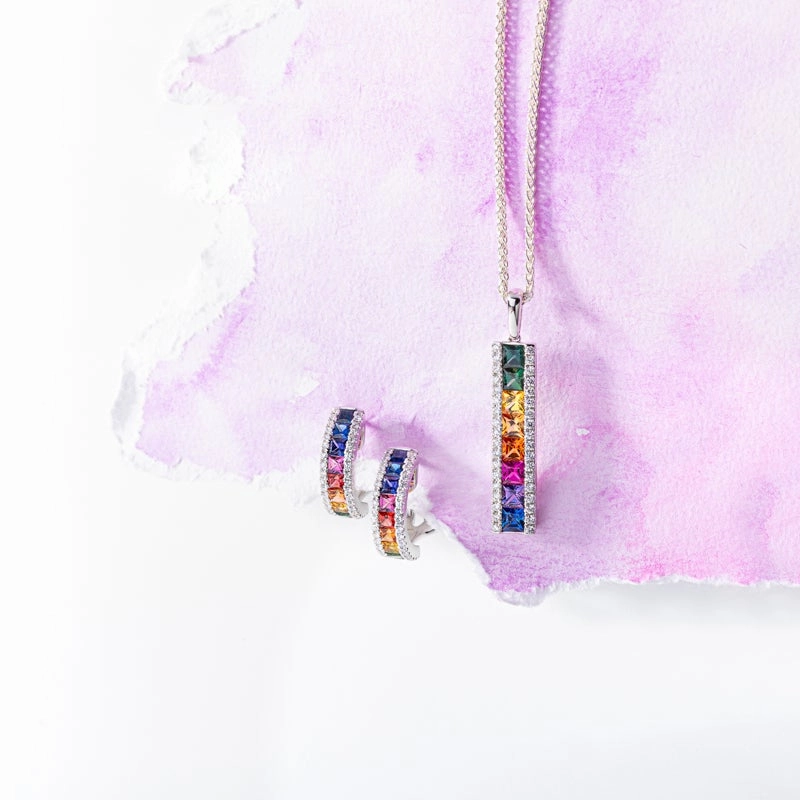 18ct White Gold Sapphire Diamond Princess Cut Multicolour Hoop Earrings