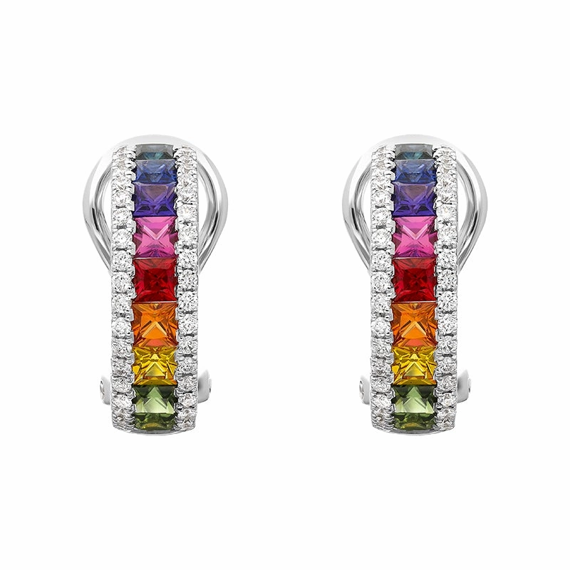 18ct White Gold Sapphire Diamond Princess Cut Multicolour Hoop Earrings