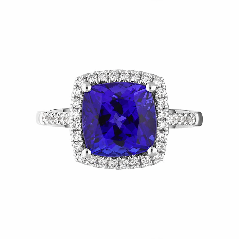 18ct White Gold Tanzanite Diamond Cushion Cut Shoulder Set Halo Ring