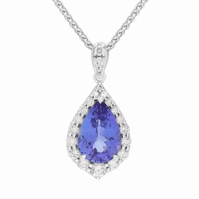 18ct White Gold Tanzanite Diamond Pear Cut Cluster Pendant