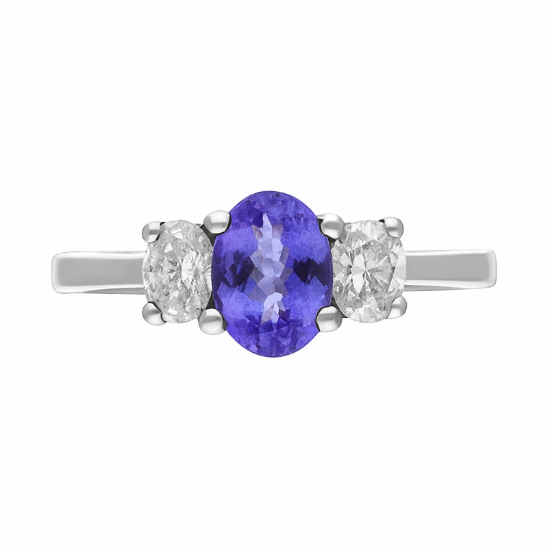 18ct White Gold Tanzanite Diamond Three Stone Ring D