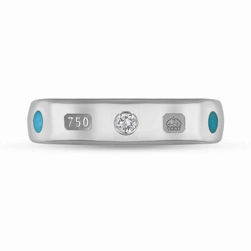 18ct White Gold Turquoise 0.08ct Diamond Queen's Jubilee Hallmark 5mm Ring D