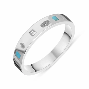 18ct White Gold Turquoise 0.09ct Diamond Queen's Jubilee Hallmark Princess Cut 4mm Ring D