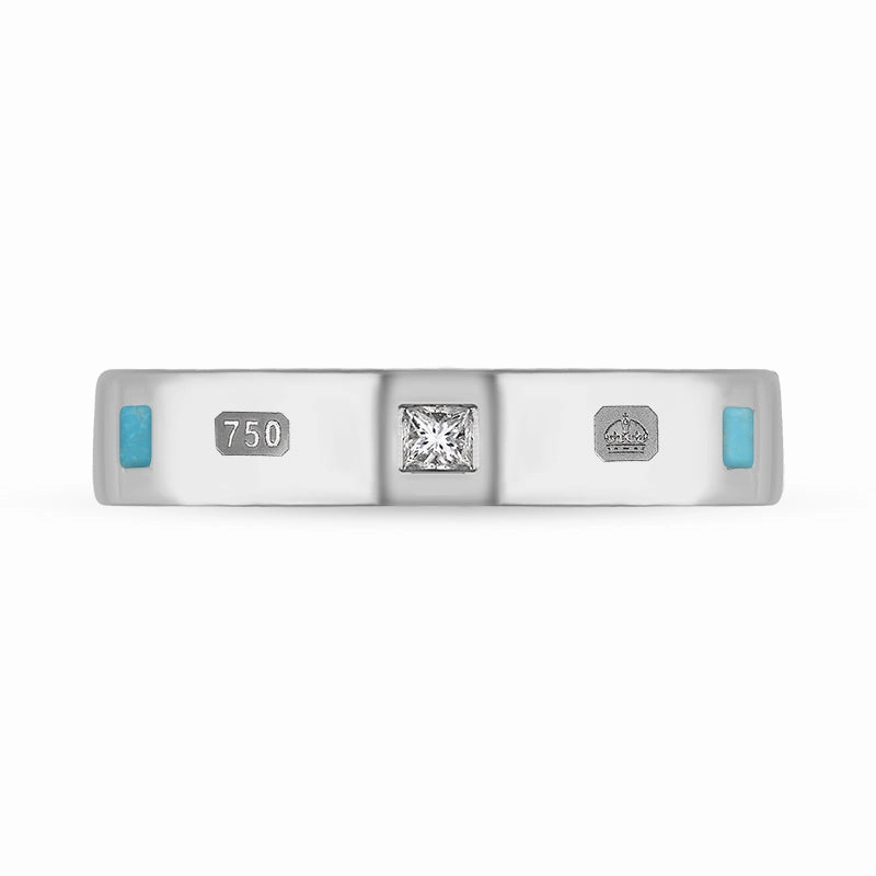 18ct White Gold Turquoise 0.09ct Diamond Queen's Jubilee Hallmark Princess Cut 4mm Ring D
