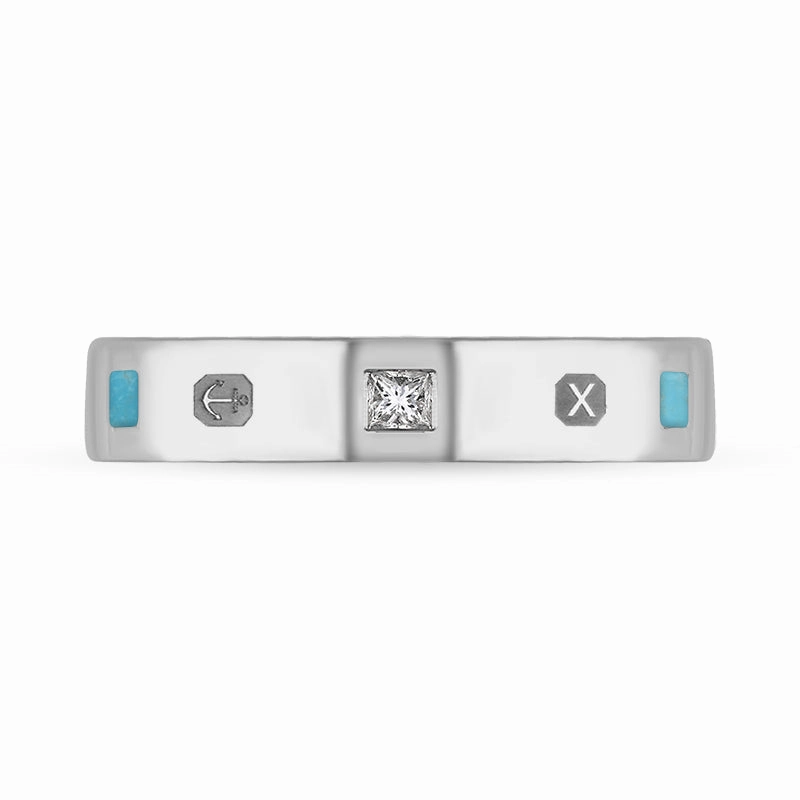 18ct White Gold Turquoise 0.09ct Diamond Queen's Jubilee Hallmark Princess Cut 4mm Ring D
