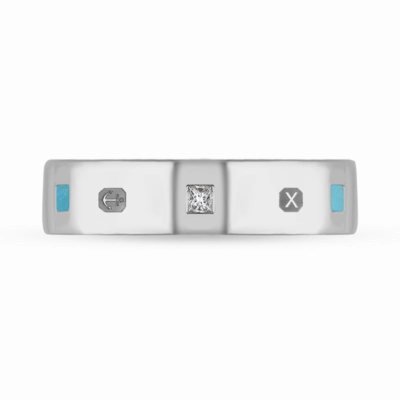 18ct White Gold Turquoise 0.12ct Diamond Queen's Jubilee Hallmark Princess Cut 5mm Ring D