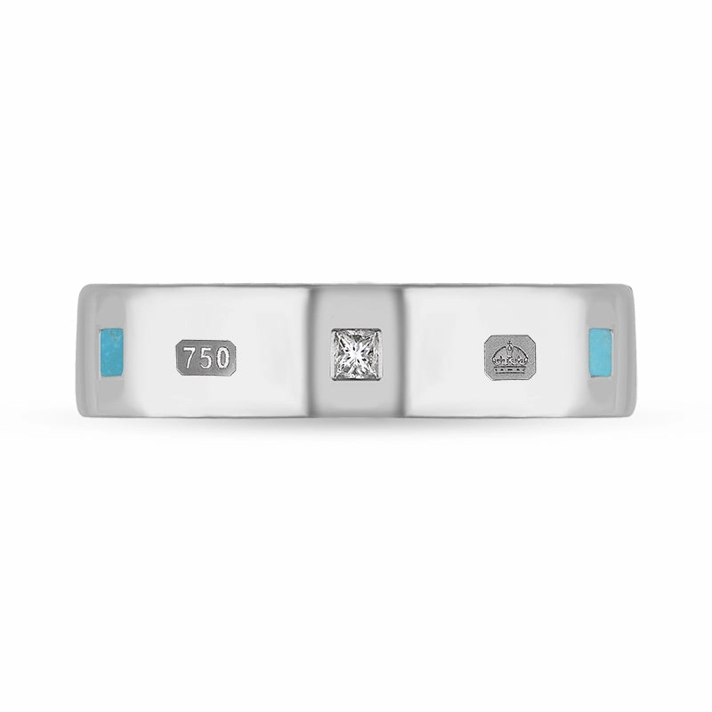 18ct White Gold Turquoise 0.12ct Diamond Queen's Jubilee Hallmark Princess Cut 5mm Ring D