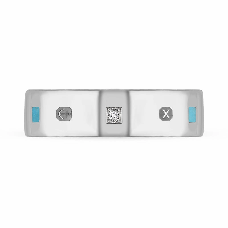 18ct White Gold Turquoise 0.18ct Diamond Queen's Jubilee Hallmark Princess Cut 6mm Ring D