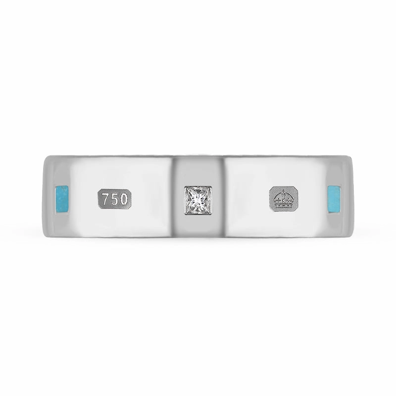 18ct White Gold Turquoise 0.18ct Diamond Queen's Jubilee Hallmark Princess Cut 6mm Ring D