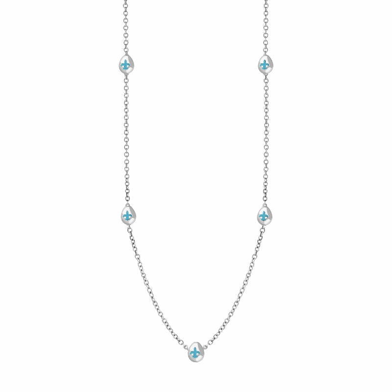 18ct White Gold Turquoise Fleur De Lis Link Disc Chain Necklace