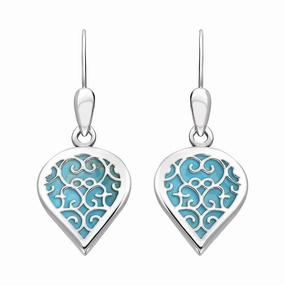 18ct White Gold Turquoise Flore Filigree Heart Drop Earrings