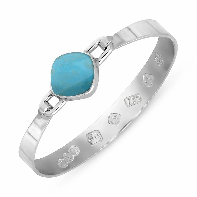 18ct White Gold Turquoise Queen's Jubilee Hallmark Wide Cushion Bangle D