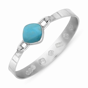 18ct White Gold Turquoise Queen's Jubilee Hallmark Wide Cushion Bangle D