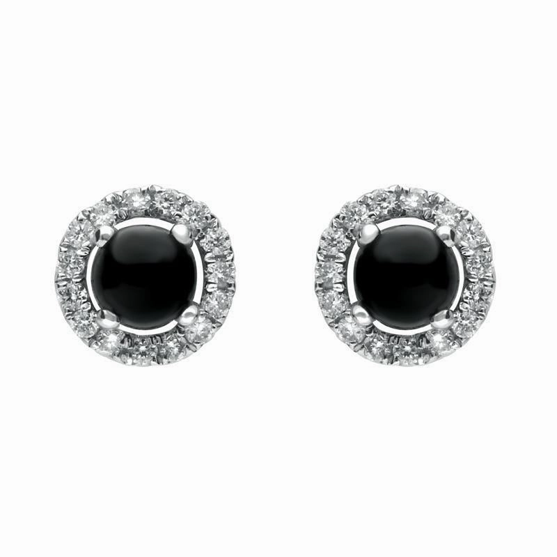 18ct White Gold Whitby Jet 0.12ct Diamond Round Stud Earrings