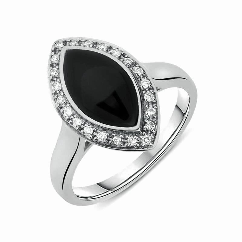 18ct White Gold Whitby Jet 0.13ct Diamond Marquise Pave Ring