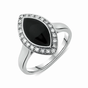 18ct White Gold Whitby Jet 0.13ct Diamond Marquise Pave Ring