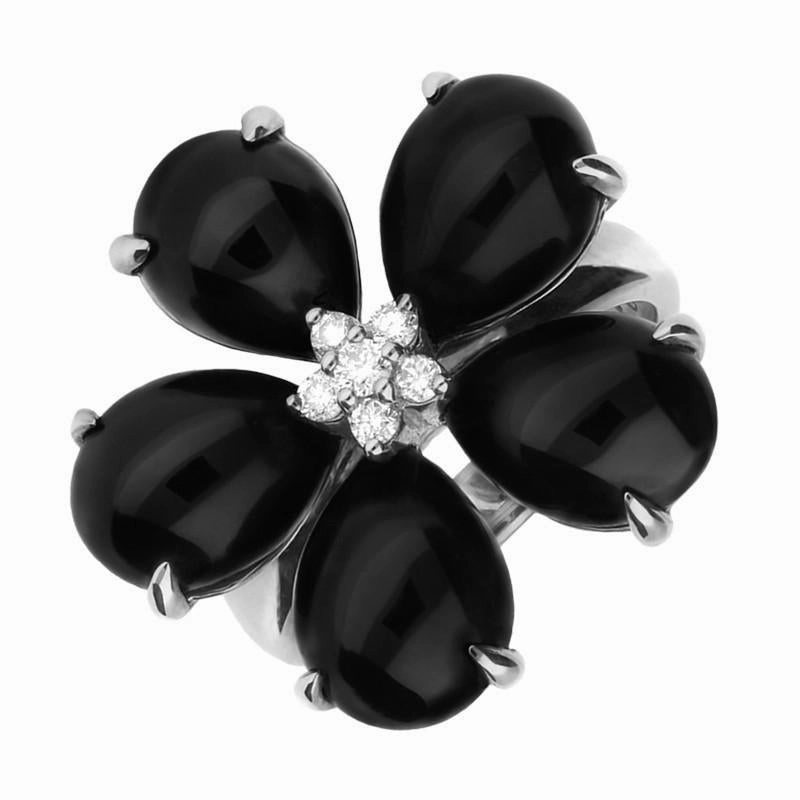 18ct White Gold Whitby Jet 0.15ct Diamond Five Stone Petal Ring D