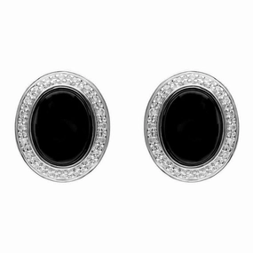 18ct White Gold Whitby Jet 0.15ct Diamond Oval Stud Earrings