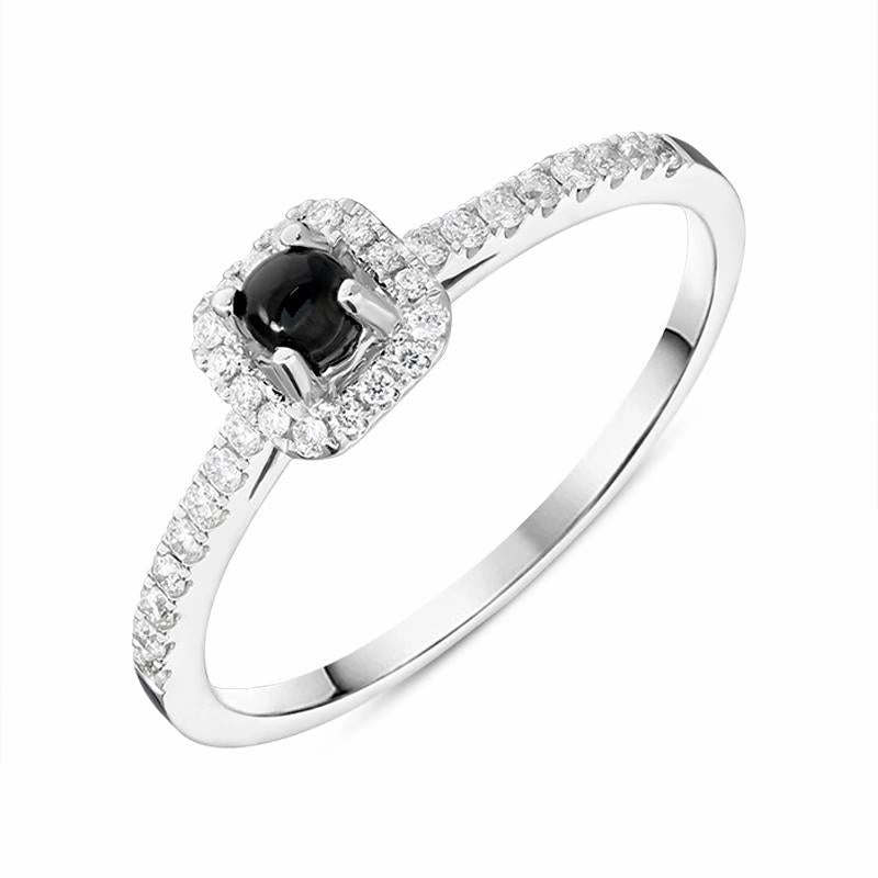 18ct White Gold Whitby Jet 0.16ct Diamond Cushion Shaped Ring