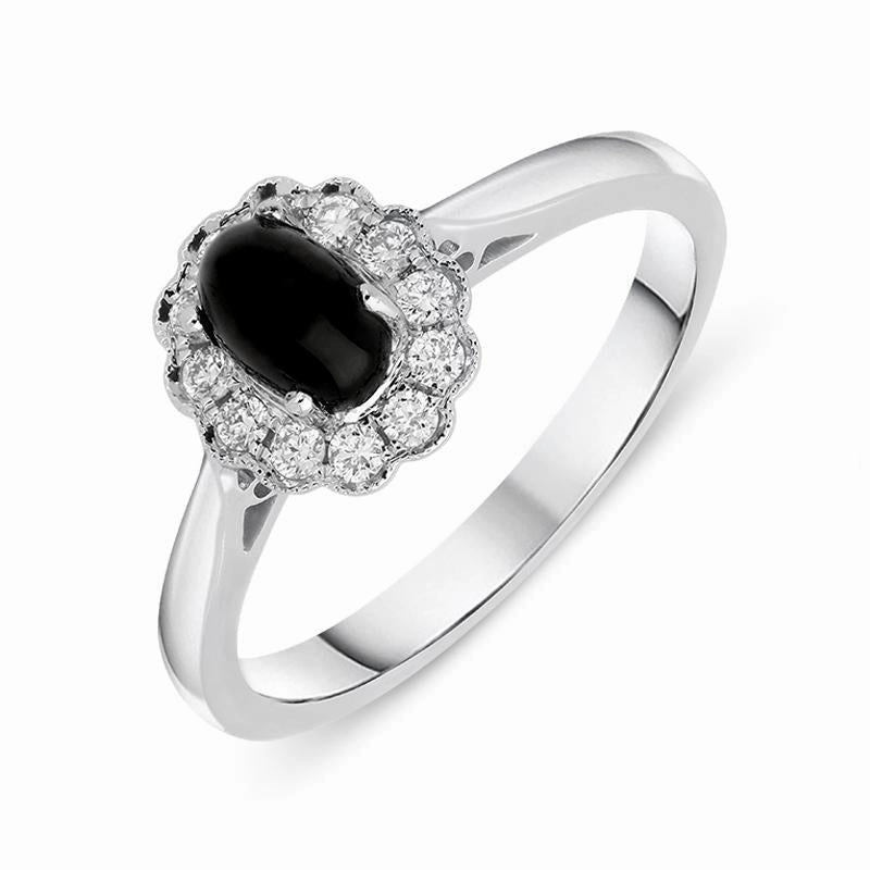 18ct White Gold Whitby Jet 0.16ct Diamond Milgrain Cluster Ring