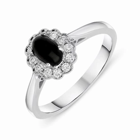 18ct White Gold Whitby Jet 0.16ct Diamond Milgrain Cluster Ring