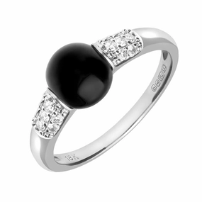 18ct White Gold Whitby Jet 0.18ct Diamond Round Pave Shoulder Ring
