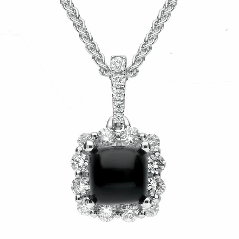 18ct White Gold Whitby Jet 0.24ct Diamond Small Square Necklace