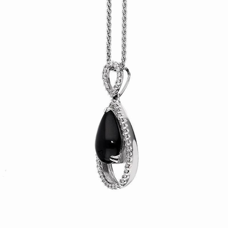 18ct White Gold Whitby Jet 0.31ct Diamond Open Pear Necklace D