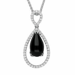 18ct White Gold Whitby Jet 0.31ct Diamond Open Pear Necklace D