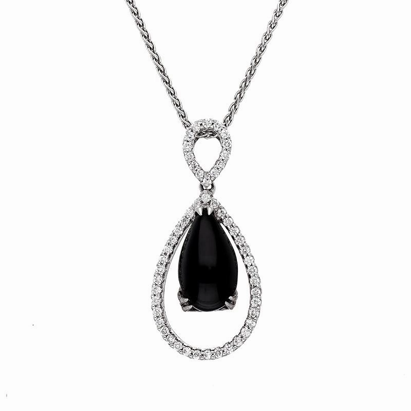 18ct White Gold Whitby Jet 0.31ct Diamond Open Pear Necklace D