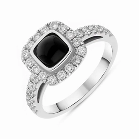 18ct White Gold Whitby Jet 0.58ct Diamond Cushion Ring