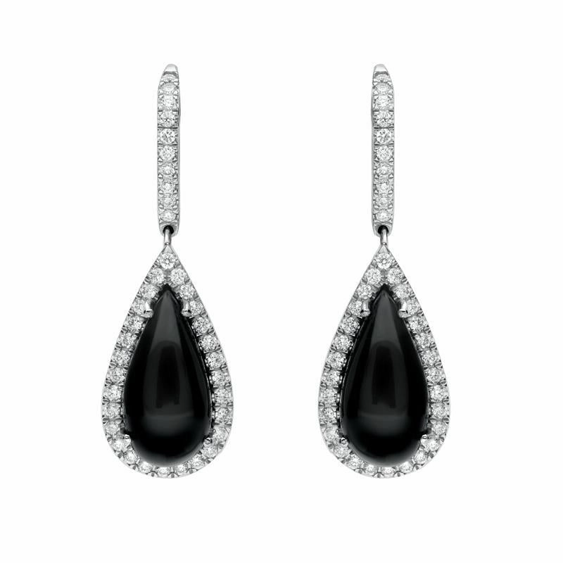 18ct White Gold Whitby Jet 0.73ct Diamond Pear Drop Earrings