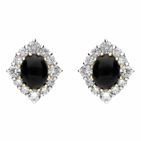 18ct White Gold Whitby Jet 1.50ct Diamond Oval Cluster Stud Earrings