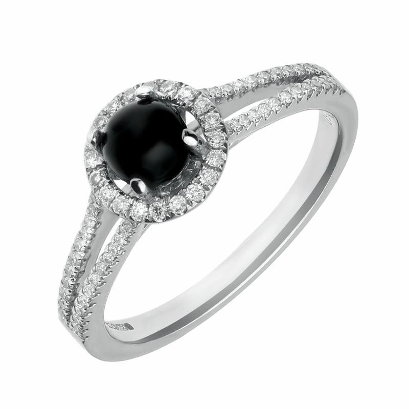 18ct White Gold Whitby Jet and 0.26ct Diamond Round Split Shank Ring